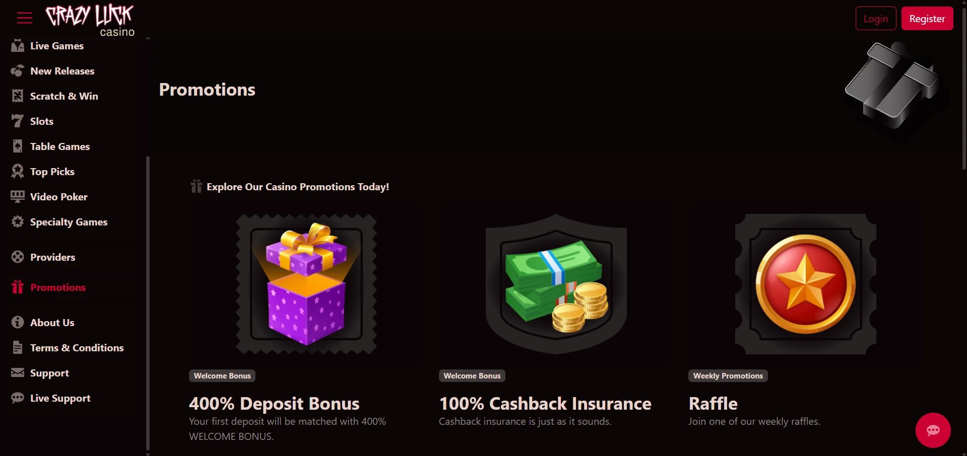 Crazy Luck Casino bonus section showing the welcome offers