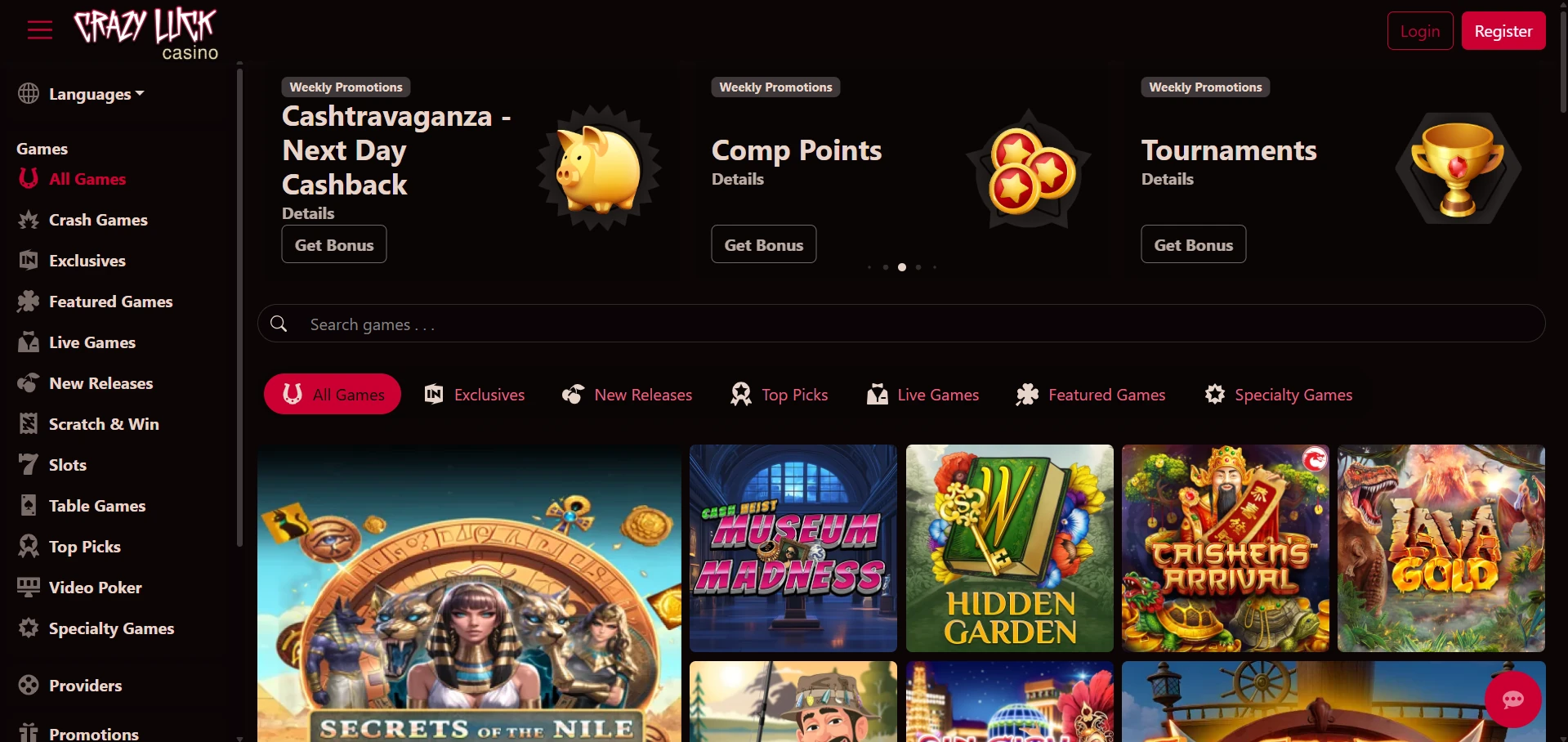 Crazy Luck Casino home page as seen on desktop