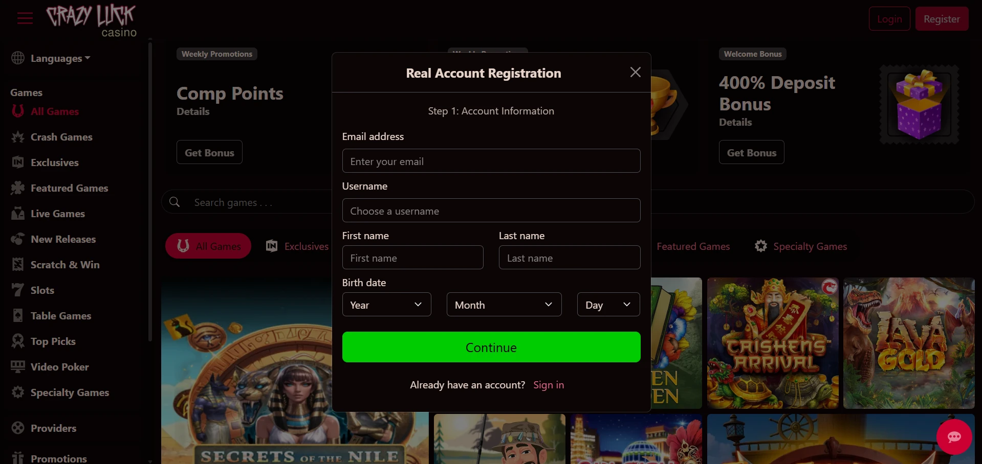 Crazy Luck Casino registration form